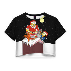 Женская футболка 3D укороченная с принтом Симпсон - Санта Клаус в Тюмени, 100% полиэстер | круглая горловина, длина футболки до линии талии, рукава с отворотами | bart | christmas | happy new year | homer simpson | the simpsons | барт | гомер | дед мороз | луна | новый год | олень | подарки | санта | снег | собака | сосульки