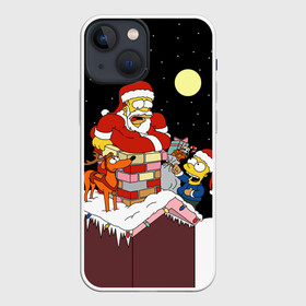 Чехол для iPhone 13 mini с принтом Симпсон   Санта Клаус в Тюмени,  |  | Тематика изображения на принте: bart | christmas | happy new year | homer simpson | the simpsons | барт | гомер | дед мороз | луна | новый год | олень | подарки | санта | снег | собака | сосульки
