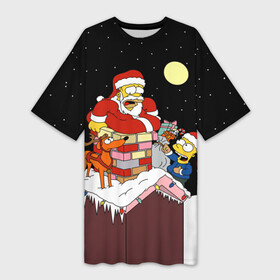 Платье-футболка 3D с принтом Симпсон   Санта Клаус в Тюмени,  |  | bart | christmas | happy new year | homer simpson | the simpsons | барт | гомер | дед мороз | луна | новый год | олень | подарки | санта | снег | собака | сосульки