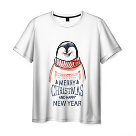 Мужская футболка 3D с принтом Happy New Year в Тюмени, 100% полиэфир | прямой крой, круглый вырез горловины, длина до линии бедер | Тематика изображения на принте: 2017 | happy new year | holiday | marry christmas | winter | зима | новый год | пингвин | рождество