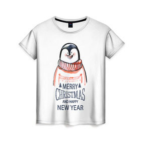 Женская футболка 3D с принтом Happy New Year в Тюмени, 100% полиэфир ( синтетическое хлопкоподобное полотно) | прямой крой, круглый вырез горловины, длина до линии бедер | 2017 | happy new year | holiday | marry christmas | winter | зима | новый год | пингвин | рождество