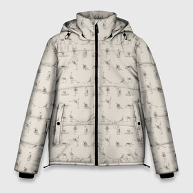 Мужская зимняя куртка 3D с принтом Скелеты и йога в Тюмени, верх — 100% полиэстер; подкладка — 100% полиэстер; утеплитель — 100% полиэстер | длина ниже бедра, свободный силуэт Оверсайз. Есть воротник-стойка, отстегивающийся капюшон и ветрозащитная планка. 

Боковые карманы с листочкой на кнопках и внутренний карман на молнии. | Тематика изображения на принте: йога | скелет | скелеты | спорт | спортсмен | упражнение | упражнения