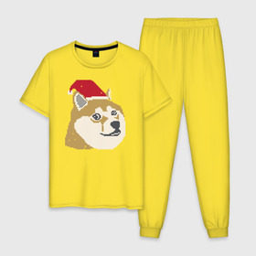 Мужская пижама хлопок с принтом Doge новогодний в Тюмени, 100% хлопок | брюки и футболка прямого кроя, без карманов, на брюках мягкая резинка на поясе и по низу штанин
 | Тематика изображения на принте: doge | doge новогодний | интернет приколы | новый год | подарок на новый год