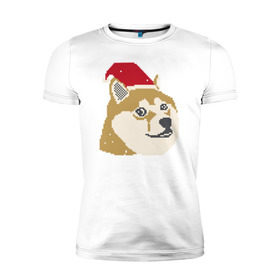 Мужская футболка премиум с принтом Doge новогодний в Тюмени, 92% хлопок, 8% лайкра | приталенный силуэт, круглый вырез ворота, длина до линии бедра, короткий рукав | Тематика изображения на принте: doge | doge новогодний | интернет приколы | новый год | подарок на новый год
