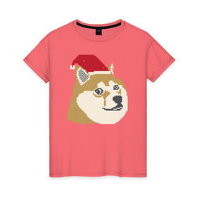 Женская футболка хлопок с принтом Doge новогодний в Тюмени, 100% хлопок | прямой крой, круглый вырез горловины, длина до линии бедер, слегка спущенное плечо | doge | doge новогодний | интернет приколы | новый год | подарок на новый год