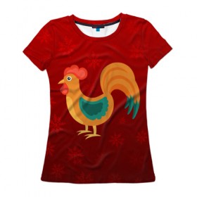 Женская футболка 3D с принтом Год петуха в Тюмени, 100% полиэфир ( синтетическое хлопкоподобное полотно) | прямой крой, круглый вырез горловины, длина до линии бедер | год петуха | красный | новый год | огненный петух | петух | снежинки