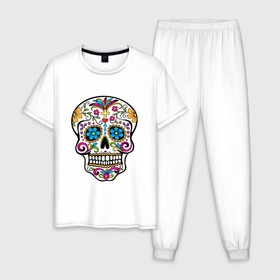 Мужская пижама хлопок с принтом День Мертвых в Тюмени, 100% хлопок | брюки и футболка прямого кроя, без карманов, на брюках мягкая резинка на поясе и по низу штанин
 | день мертвых | мексика | туризм | череп