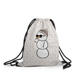 Рюкзак-мешок 3D с принтом Крутой снеговик 2 в Тюмени, 100% полиэстер | плотность ткани — 200 г/м2, размер — 35 х 45 см; лямки — толстые шнурки, застежка на шнуровке, без карманов и подкладки | зима | новогодний | очки | паттерн | рождество | снежинки