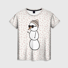 Женская футболка 3D с принтом Крутой снеговик 2 в Тюмени, 100% полиэфир ( синтетическое хлопкоподобное полотно) | прямой крой, круглый вырез горловины, длина до линии бедер | зима | новогодний | очки | паттерн | рождество | снежинки