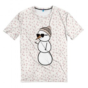 Мужская футболка 3D с принтом Крутой снеговик 2 в Тюмени, 100% полиэфир | прямой крой, круглый вырез горловины, длина до линии бедер | зима | новогодний | очки | паттерн | рождество | снежинки