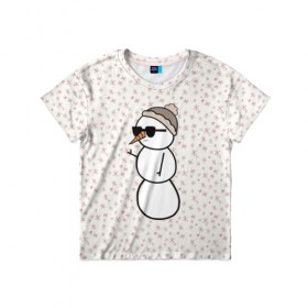 Детская футболка 3D с принтом Крутой снеговик 2 в Тюмени, 100% гипоаллергенный полиэфир | прямой крой, круглый вырез горловины, длина до линии бедер, чуть спущенное плечо, ткань немного тянется | зима | новогодний | очки | паттерн | рождество | снежинки