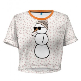 Женская футболка 3D укороченная с принтом Крутой снеговик 2 в Тюмени, 100% полиэстер | круглая горловина, длина футболки до линии талии, рукава с отворотами | зима | новогодний | очки | паттерн | рождество | снежинки