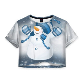 Женская футболка 3D укороченная с принтом С Новым годом! в Тюмени, 100% полиэстер | круглая горловина, длина футболки до линии талии, рукава с отворотами | рождество | снеговик | снежинки