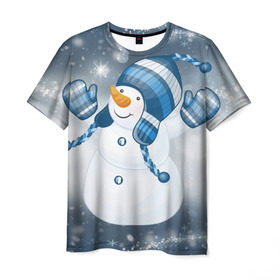 Мужская футболка 3D с принтом С Новым годом! в Тюмени, 100% полиэфир | прямой крой, круглый вырез горловины, длина до линии бедер | рождество | снеговик | снежинки