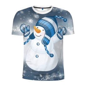 Мужская футболка 3D спортивная с принтом С Новым годом! в Тюмени, 100% полиэстер с улучшенными характеристиками | приталенный силуэт, круглая горловина, широкие плечи, сужается к линии бедра | рождество | снеговик | снежинки