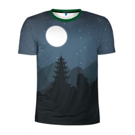 Мужская футболка 3D спортивная с принтом Ночная пагода в Тюмени, 100% полиэстер с улучшенными характеристиками | приталенный силуэт, круглая горловина, широкие плечи, сужается к линии бедра | Тематика изображения на принте: восточный | горы | луна | пейзаж