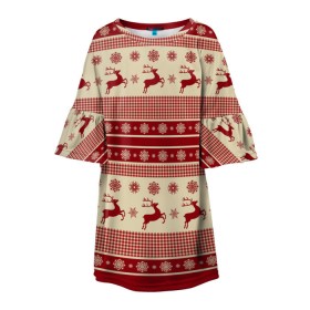 Детское платье 3D с принтом Зимние олени в Тюмени, 100% полиэстер | прямой силуэт, чуть расширенный к низу. Круглая горловина, на рукавах — воланы | Тематика изображения на принте: happy new year | ёлка | зима | олень | праздник | снег | снежинка