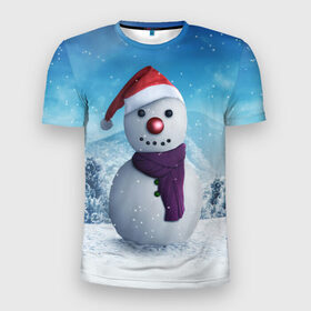 Мужская футболка 3D спортивная с принтом Снеговик в Тюмени, 100% полиэстер с улучшенными характеристиками | приталенный силуэт, круглая горловина, широкие плечи, сужается к линии бедра | happy new year | блеск | ёлка | зима | игрушки. праздник | конфетти | новый год | подарки | снег