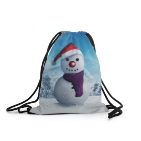 Рюкзак-мешок 3D с принтом Снеговик в Тюмени, 100% полиэстер | плотность ткани — 200 г/м2, размер — 35 х 45 см; лямки — толстые шнурки, застежка на шнуровке, без карманов и подкладки | happy new year | блеск | ёлка | зима | игрушки. праздник | конфетти | новый год | подарки | снег
