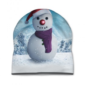 Шапка 3D с принтом Снеговик в Тюмени, 100% полиэстер | универсальный размер, печать по всей поверхности изделия | Тематика изображения на принте: happy new year | блеск | ёлка | зима | игрушки. праздник | конфетти | новый год | подарки | снег