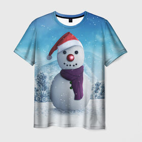 Мужская футболка 3D с принтом Снеговик в Тюмени, 100% полиэфир | прямой крой, круглый вырез горловины, длина до линии бедер | Тематика изображения на принте: happy new year | блеск | ёлка | зима | игрушки. праздник | конфетти | новый год | подарки | снег