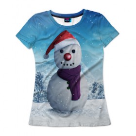 Женская футболка 3D с принтом Снеговик в Тюмени, 100% полиэфир ( синтетическое хлопкоподобное полотно) | прямой крой, круглый вырез горловины, длина до линии бедер | happy new year | блеск | ёлка | зима | игрушки. праздник | конфетти | новый год | подарки | снег