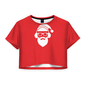 Женская футболка 3D укороченная с принтом Дед мороз в Тюмени, 100% полиэстер | круглая горловина, длина футболки до линии талии, рукава с отворотами | 2017 | аудио | борода | дед мороз | музыка | наушники | новый год | очки | подарки | праздник | усы | хипстер