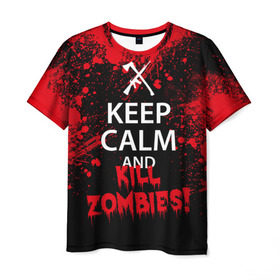 Мужская футболка 3D с принтом Keep Calm & Kill Zombies в Тюмени, 100% полиэфир | прямой крой, круглый вырез горловины, длина до линии бедер | Тематика изображения на принте: bone | carl | rick | skelet | skull | walking dead | zombie | граймс | зомби | карл | нежить | нечисть | рик | скелет | ходячие мертвецы | череп