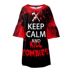 Детское платье 3D с принтом Keep Calm & Kill Zombies в Тюмени, 100% полиэстер | прямой силуэт, чуть расширенный к низу. Круглая горловина, на рукавах — воланы | bone | carl | rick | skelet | skull | walking dead | zombie | граймс | зомби | карл | нежить | нечисть | рик | скелет | ходячие мертвецы | череп