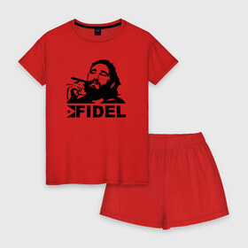 Женская пижама с шортиками хлопок с принтом Фидель Кастро в Тюмени, 100% хлопок | футболка прямого кроя, шорты свободные с широкой мягкой резинкой | castro | che | fidel | guevara | гевара | кастро | фидель | че