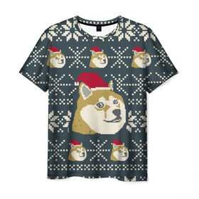 Мужская футболка 3D с принтом Doge новогодний в Тюмени, 100% полиэфир | прямой крой, круглый вырез горловины, длина до линии бедер | 2017 | doge | doge новогодний | интернет приколы | новый год | подарок на новый год
