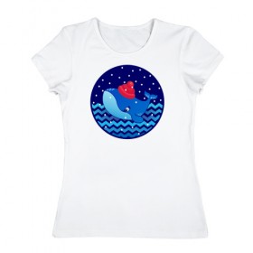 Женская футболка хлопок с принтом Синий кит зимой в Тюмени, 100% хлопок | прямой крой, круглый вырез горловины, длина до линии бедер, слегка спущенное плечо | большой синий кит | волны | зима | новый год | океан | синий кит в шапке | снег