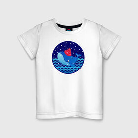 Детская футболка хлопок с принтом Синий кит зимой в Тюмени, 100% хлопок | круглый вырез горловины, полуприлегающий силуэт, длина до линии бедер | большой синий кит | волны | зима | новый год | океан | синий кит в шапке | снег