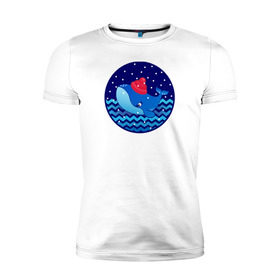 Мужская футболка премиум с принтом Синий кит зимой в Тюмени, 92% хлопок, 8% лайкра | приталенный силуэт, круглый вырез ворота, длина до линии бедра, короткий рукав | большой синий кит | волны | зима | новый год | океан | синий кит в шапке | снег