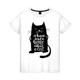 Женская футболка хлопок с принтом Черный кот в Тюмени, 100% хлопок | прямой крой, круглый вырез горловины, длина до линии бедер, слегка спущенное плечо | кот | котенок | кошка | мяу