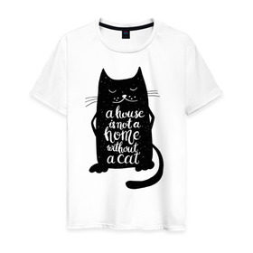 Мужская футболка хлопок с принтом Черный кот в Тюмени, 100% хлопок | прямой крой, круглый вырез горловины, длина до линии бедер, слегка спущенное плечо. | кот | котенок | кошка | мяу