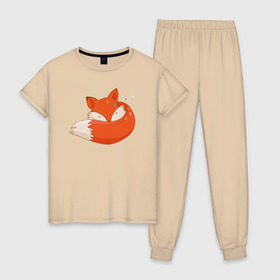 Женская пижама хлопок с принтом Спящая лиса в Тюмени, 100% хлопок | брюки и футболка прямого кроя, без карманов, на брюках мягкая резинка на поясе и по низу штанин | лиса | лисенок | лисица | лисичка