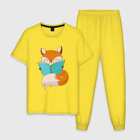 Мужская пижама хлопок с принтом Лисица с книгой в Тюмени, 100% хлопок | брюки и футболка прямого кроя, без карманов, на брюках мягкая резинка на поясе и по низу штанин
 | Тематика изображения на принте: лиса | лисенок | лисица | лисичка
