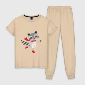 Женская пижама хлопок с принтом Новогодний Енот в Тюмени, 100% хлопок | брюки и футболка прямого кроя, без карманов, на брюках мягкая резинка на поясе и по низу штанин | 
