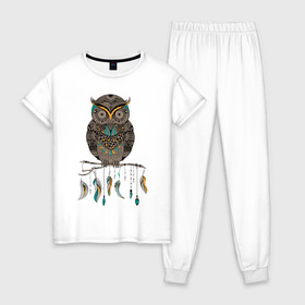 Женская пижама хлопок с принтом Совушка в Тюмени, 100% хлопок | брюки и футболка прямого кроя, без карманов, на брюках мягкая резинка на поясе и по низу штанин | Тематика изображения на принте: сова | филин