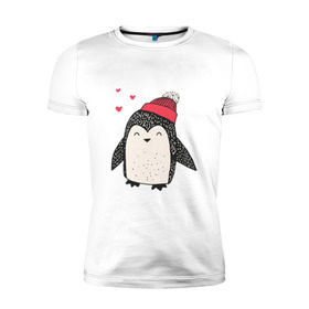 Мужская футболка премиум с принтом Пингвин в шапке в Тюмени, 92% хлопок, 8% лайкра | приталенный силуэт, круглый вырез ворота, длина до линии бедра, короткий рукав | christmas | new year | winter | зима | новый год | пингвин | рождество