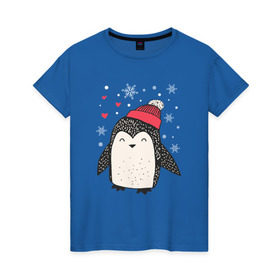 Женская футболка хлопок с принтом Пингвин в шапке в Тюмени, 100% хлопок | прямой крой, круглый вырез горловины, длина до линии бедер, слегка спущенное плечо | christmas | new year | winter | зима | новый год | пингвин | рождество