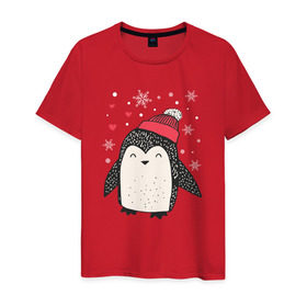 Мужская футболка хлопок с принтом Пингвин в шапке в Тюмени, 100% хлопок | прямой крой, круглый вырез горловины, длина до линии бедер, слегка спущенное плечо. | christmas | new year | winter | зима | новый год | пингвин | рождество
