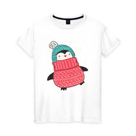 Женская футболка хлопок с принтом Зимний пингвин в Тюмени, 100% хлопок | прямой крой, круглый вырез горловины, длина до линии бедер, слегка спущенное плечо | christmas | new year | winter | зима | новый год | пингвин | рождество