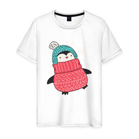 Мужская футболка хлопок с принтом Зимний пингвин в Тюмени, 100% хлопок | прямой крой, круглый вырез горловины, длина до линии бедер, слегка спущенное плечо. | christmas | new year | winter | зима | новый год | пингвин | рождество