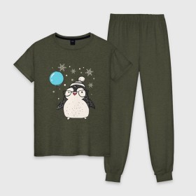 Женская пижама хлопок с принтом Пингвин с шариком в Тюмени, 100% хлопок | брюки и футболка прямого кроя, без карманов, на брюках мягкая резинка на поясе и по низу штанин | christmas | new year | winter | зима | новый год | пингвин | рождество
