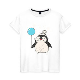 Женская футболка хлопок с принтом Пингвин с шариком в Тюмени, 100% хлопок | прямой крой, круглый вырез горловины, длина до линии бедер, слегка спущенное плечо | christmas | new year | winter | зима | новый год | пингвин | рождество