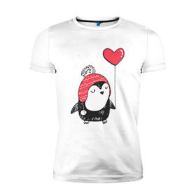 Мужская футболка премиум с принтом Пингвин с шариком в Тюмени, 92% хлопок, 8% лайкра | приталенный силуэт, круглый вырез ворота, длина до линии бедра, короткий рукав | christmas | new year | winter | зима | новый год | пингвин | рождество