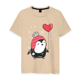 Мужская футболка хлопок с принтом Пингвин с шариком в Тюмени, 100% хлопок | прямой крой, круглый вырез горловины, длина до линии бедер, слегка спущенное плечо. | christmas | new year | winter | зима | новый год | пингвин | рождество