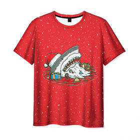 Мужская футболка 3D с принтом Акула Дед Мороз в Тюмени, 100% полиэфир | прямой крой, круглый вырез горловины, длина до линии бедер | Тематика изображения на принте: christmas | new year | shark | новый год | рождество | санта